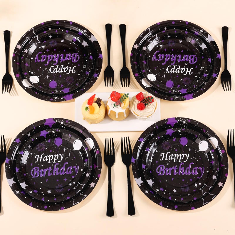 Cheery Land Purple Birthday Plates and Napkins set - Elegant Black Purple Happy Birthday Party Supplies Serve 25 Guests Happy Birthday Decorations for Women - Image 4