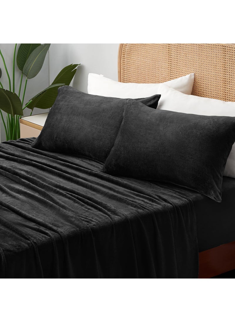 BEDELITE Flannel Sheets Twin Size Black - Super Soft Fleece Sheets Set Fluffy Extra Plush  3 Piece(Include Fitted Sheet  Flat Sheet  1 Pillowcase)
