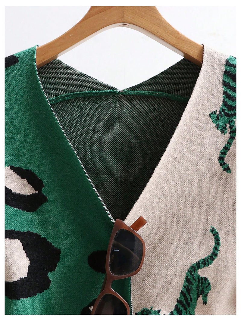 WDIRARA Women's Leopard Tiger Print Cardigan V Neck Long Sleeve Color Block Button Down Sweater Outwear Green Multicolor Medium - Image 5