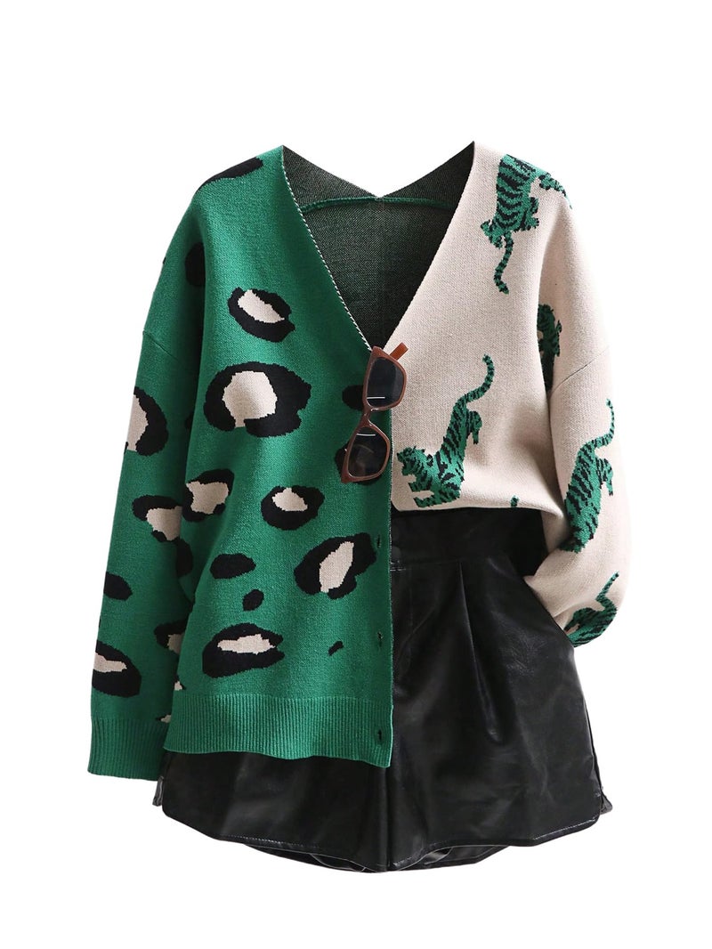 WDIRARA Women's Leopard Tiger Print Cardigan V Neck Long Sleeve Color Block Button Down Sweater Outwear Green Multicolor Medium - Image 1