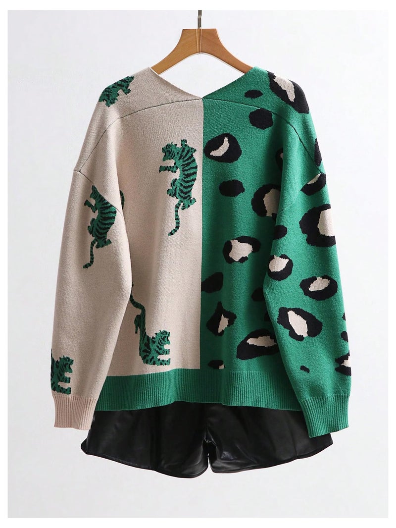WDIRARA Women's Leopard Tiger Print Cardigan V Neck Long Sleeve Color Block Button Down Sweater Outwear Green Multicolor Medium - Image 2