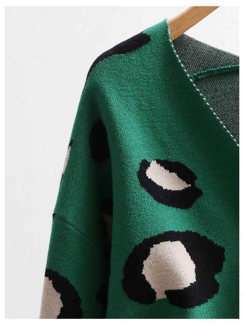 WDIRARA Women's Leopard Tiger Print Cardigan V Neck Long Sleeve Color Block Button Down Sweater Outwear Green Multicolor Medium - Image 4
