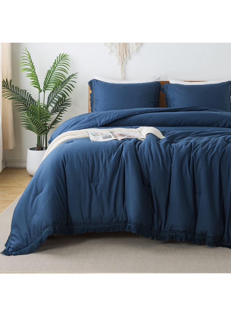 Andency Andency Navy Blue Comforter King Size  3 Pieces Boho Tassel Lightweight Bedding Comforter Sets for King Bed  All Season Soft Fluffy Fringe Bed Set (104x90In Comforter & 2 Pillowcases)  - Image 1