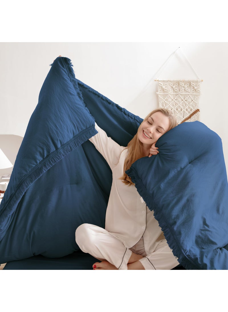 Andency Andency Navy Blue Comforter King Size  3 Pieces Boho Tassel Lightweight Bedding Comforter Sets for King Bed  All Season Soft Fluffy Fringe Bed Set (104x90In Comforter & 2 Pillowcases)  - Image 3