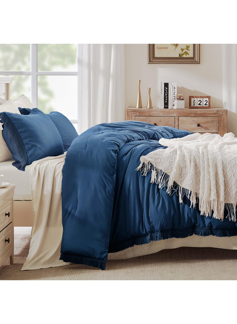 Andency Andency Navy Blue Comforter King Size  3 Pieces Boho Tassel Lightweight Bedding Comforter Sets for King Bed  All Season Soft Fluffy Fringe Bed Set (104x90In Comforter & 2 Pillowcases)  - Image 2