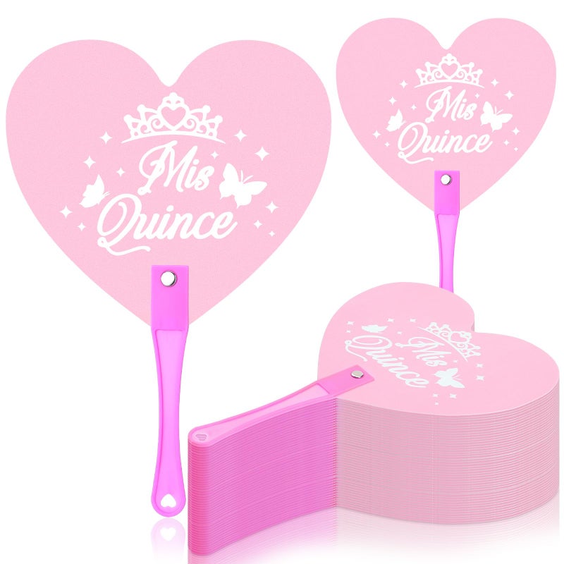 Seenelling سينيلينج ٥٠ قطعة من هدايا حفلات كوينسينيرا للضيوف، مراوح يدوية بلاستيكية على شكل قلب وردي، هدايا حفلات كوينسينيرا للضيوف، شكرًا لكم على حفل بلوغي سن الرشد - Image 1