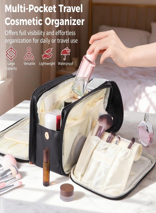 DORMIYA Black Travel Makeup Bag for Women - Large Capacity Cosmetic Organizer, Multi-Layer Toiletry Bag with Handle, Waterproof PU Leather Portable Makeup Zippered Case with Standing Brush Holder - Image 4