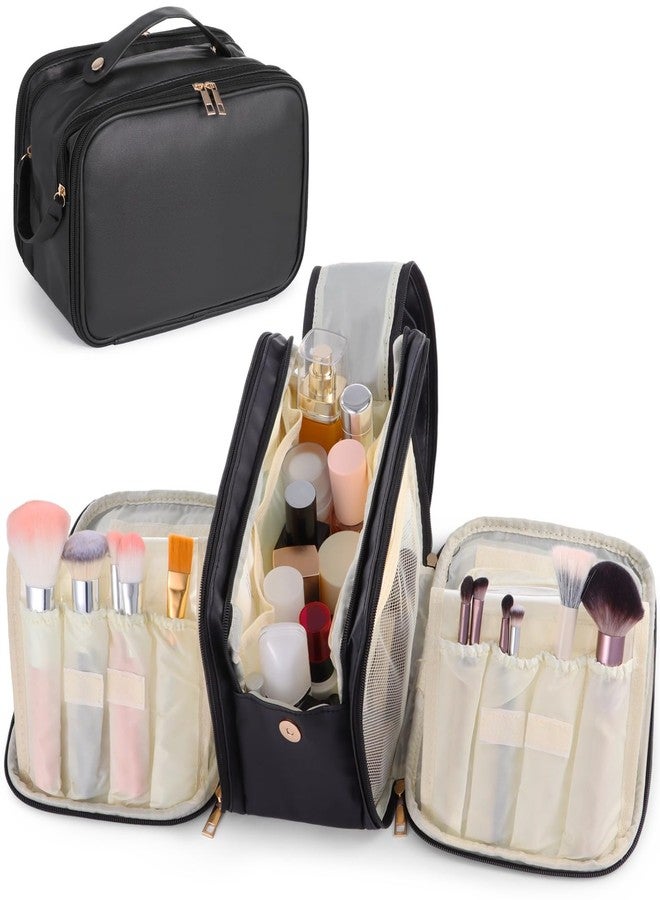 DORMIYA Black Travel Makeup Bag for Women - Large Capacity Cosmetic Organizer, Multi-Layer Toiletry Bag with Handle, Waterproof PU Leather Portable Makeup Zippered Case with Standing Brush Holder - Image 2