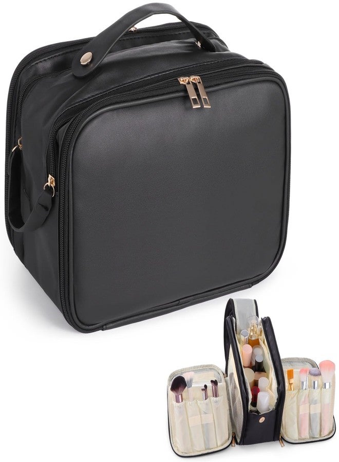 DORMIYA Black Travel Makeup Bag for Women - Large Capacity Cosmetic Organizer, Multi-Layer Toiletry Bag with Handle, Waterproof PU Leather Portable Makeup Zippered Case with Standing Brush Holder - Image 3