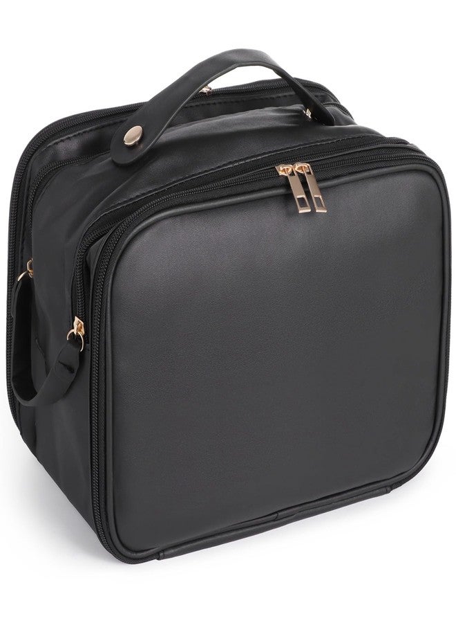 DORMIYA Black Travel Makeup Bag for Women - Large Capacity Cosmetic Organizer, Multi-Layer Toiletry Bag with Handle, Waterproof PU Leather Portable Makeup Zippered Case with Standing Brush Holder - Image 1