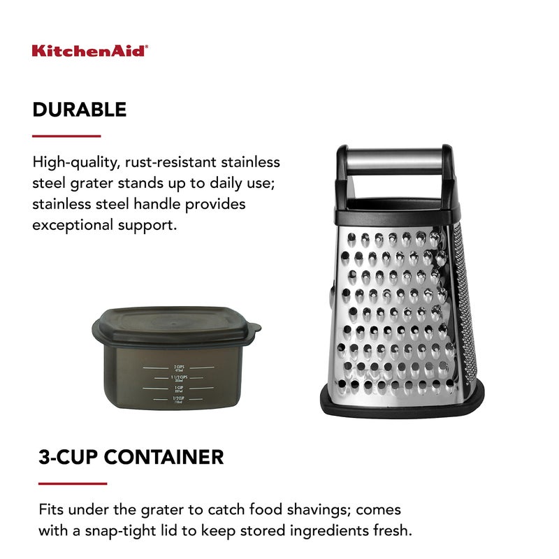 KitchenAid Gourmet 4-Sided Stainless Steel Box Grater for Fine, Medium and Coarse Grate, and Slicing, Detachable 3 Cup Storage Container and Measurment Markings, Dishwasher Safe, 10 inches tall, Black - Image 3