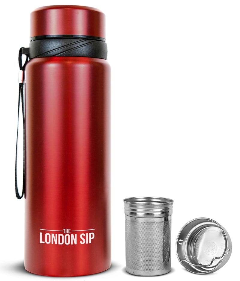 The London Sip London Sip 25 oz MultiFunction Travel Mug and Tumbler Tea Infuser Water Bottle Fruit Infuser Flask Hot and Cold Double Wall Stainless Steel Coffee Thermos Sacred Red