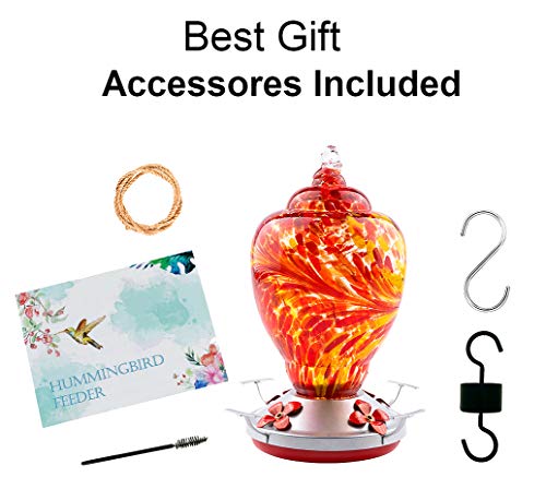 WOSIBO Hummingbird Feeder for Outdoors Patio Large 32 Ounces Colorful Hand Blown Glass Hummingbird Feeder with Ant Moat Hanging Hook, Rope, Brush and Service Card (RED) - Image 5