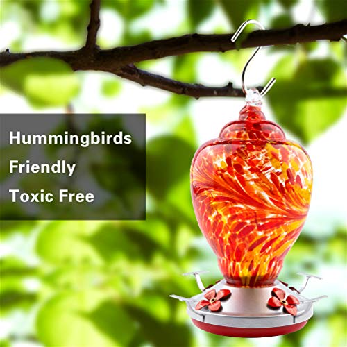 WOSIBO Hummingbird Feeder for Outdoors Patio Large 32 Ounces Colorful Hand Blown Glass Hummingbird Feeder with Ant Moat Hanging Hook, Rope, Brush and Service Card (RED) - Image 3