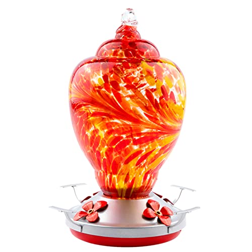 WOSIBO Hummingbird Feeder for Outdoors Patio Large 32 Ounces Colorful Hand Blown Glass Hummingbird Feeder with Ant Moat Hanging Hook, Rope, Brush and Service Card (RED) - Image 1