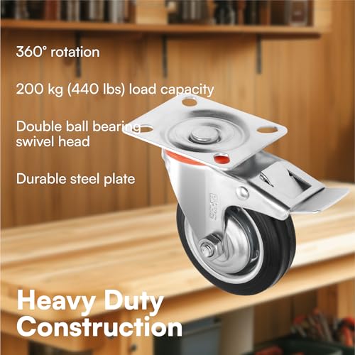 HST H&S Heavy Duty 75mm Caster Wheels for Trolley & Furniture – 4 Casters with Brakes, Double Ball Bearing Swivel Heads, Black - Image 3
