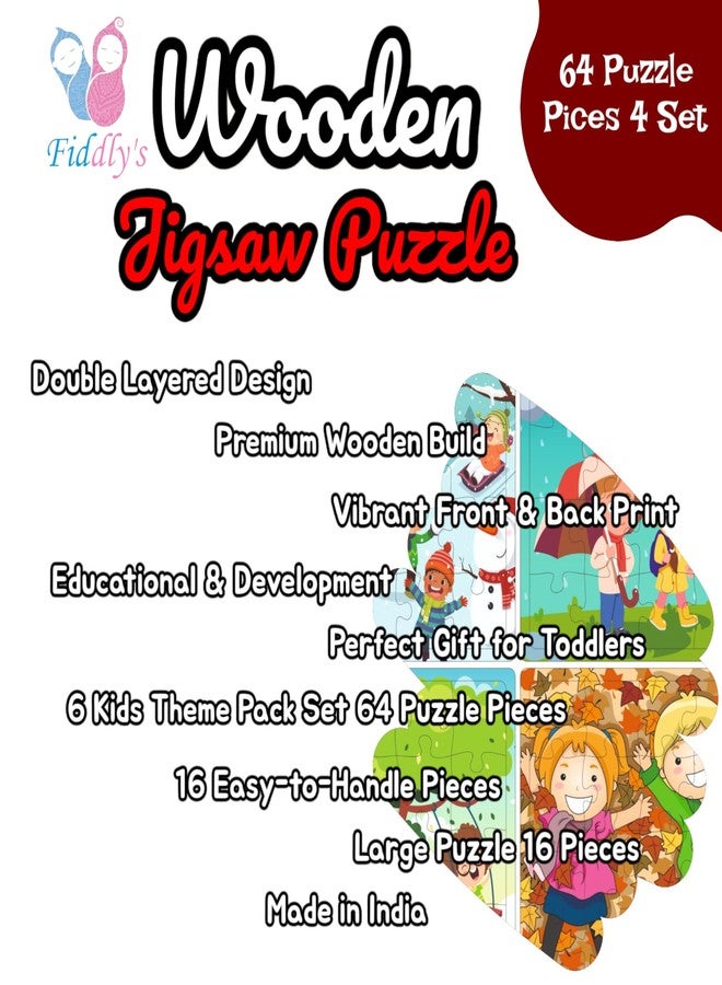 Fiddlys 16-Piece Wooden Jigsaw Puzzles For Kids Ages 3+, Double Layered Wooden Puzzles With Bright Front & Back Print (Kids Pack Of 4) - Image 3
