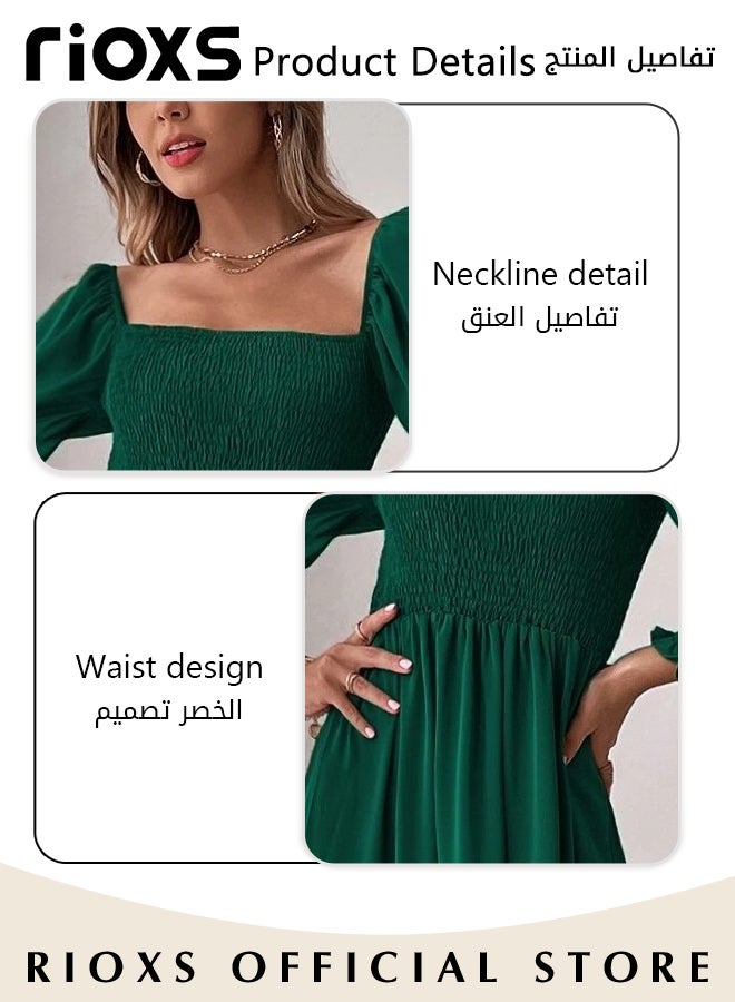 RIOXS Women's Square Neck Maxi Dress, French-style A-line Dress with Exquisite Design, Fashionable High Waist Ruffle Dress with Long Lantern Sleeves, Perfect for Daily Wear, Parties, Weddings and other Occasions  - Image 5