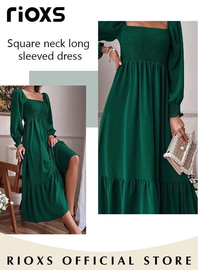 RIOXS Women's Square Neck Maxi Dress, French-style A-line Dress with Exquisite Design, Fashionable High Waist Ruffle Dress with Long Lantern Sleeves, Perfect for Daily Wear, Parties, Weddings and other Occasions  - Image 4