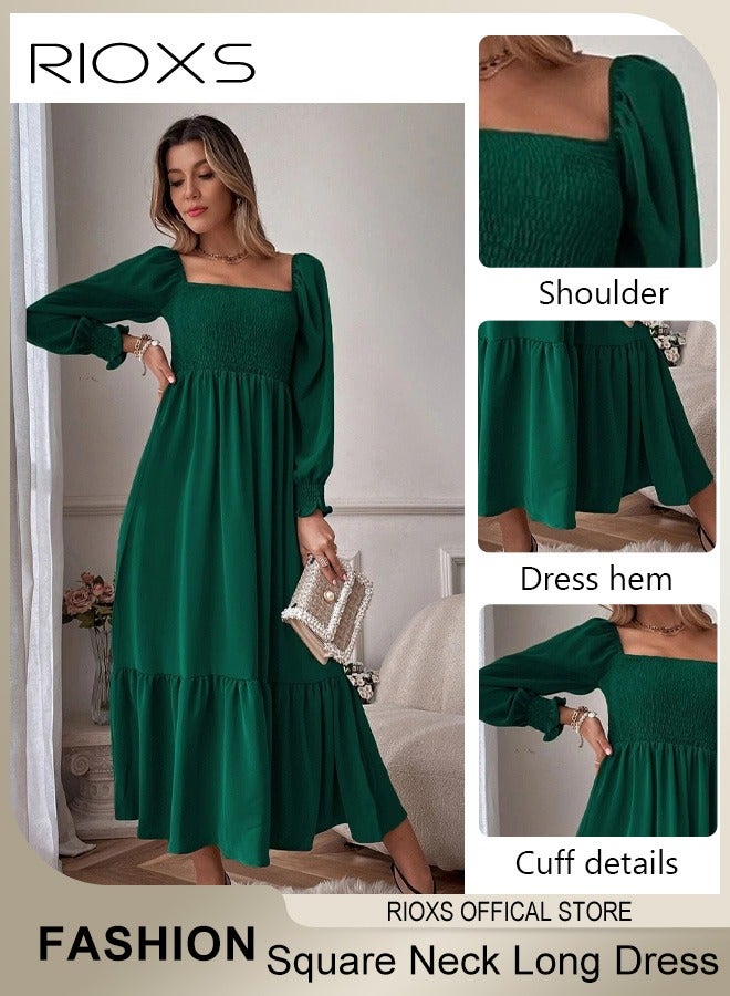 RIOXS Women's Square Neck Maxi Dress, French-style A-line Dress with Exquisite Design, Fashionable High Waist Ruffle Dress with Long Lantern Sleeves, Perfect for Daily Wear, Parties, Weddings and other Occasions  - Image 3