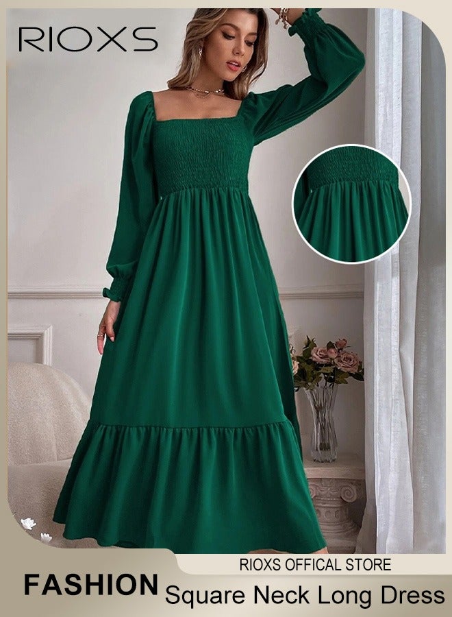 RIOXS Women's Square Neck Maxi Dress, French-style A-line Dress with Exquisite Design, Fashionable High Waist Ruffle Dress with Long Lantern Sleeves, Perfect for Daily Wear, Parties, Weddings and other Occasions  - Image 1