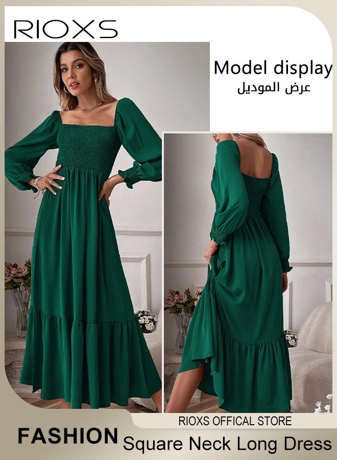 RIOXS Women's Square Neck Maxi Dress, French-style A-line Dress with Exquisite Design, Fashionable High Waist Ruffle Dress with Long Lantern Sleeves, Perfect for Daily Wear, Parties, Weddings and other Occasions  - Image 2