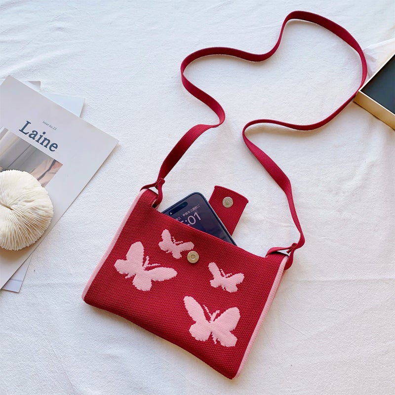 Japanese And Korean-Style Sweet Cool Girl Crossbody Knitted Butterfly Mobile Phone Bag Spring Small Fresh Butterfly Flying Woven Mini Bag - Image 1