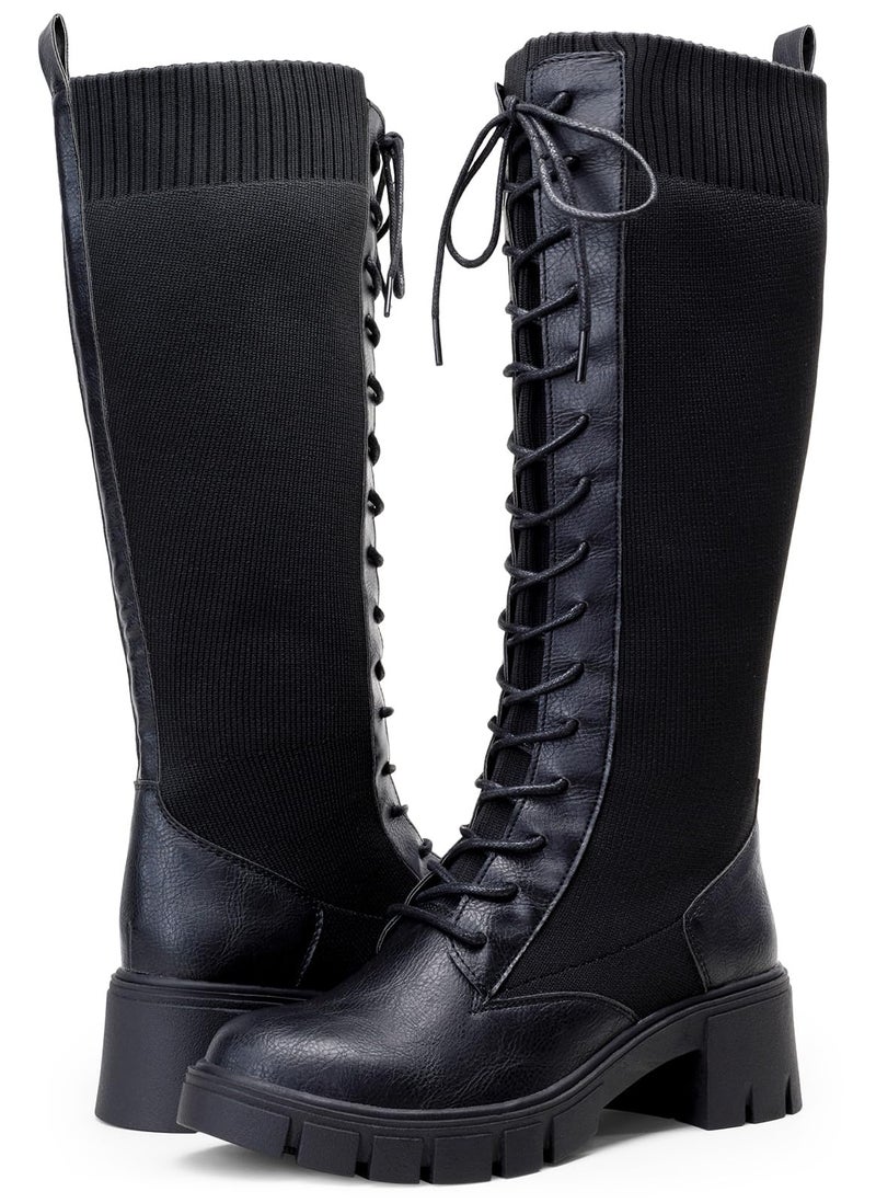 Vepose Women's Black Lace Platform Combat Knee High Boots with Comfort 953 Chunky Heel Size 9 (CJY953 Black 09) - Image 1