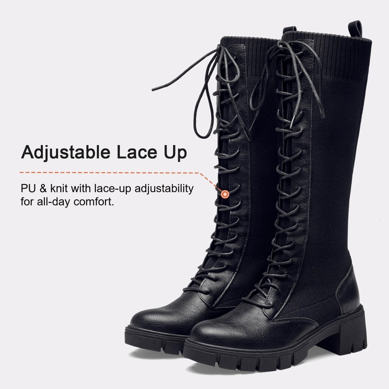 Vepose Women's Black Lace Platform Combat Knee High Boots with Comfort 953 Chunky Heel Size 9 (CJY953 Black 09) - Image 5