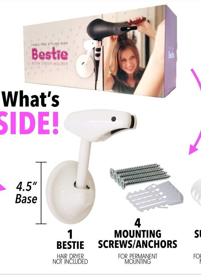 BESTIE BRANDS - Bestie Adjustable Hair Dryer Holder Stand - Hands Free Blow Drying with Fully Positionable Arm, Permanent Wall Mount or Temporary Suction Mount to Mirror - Image 1