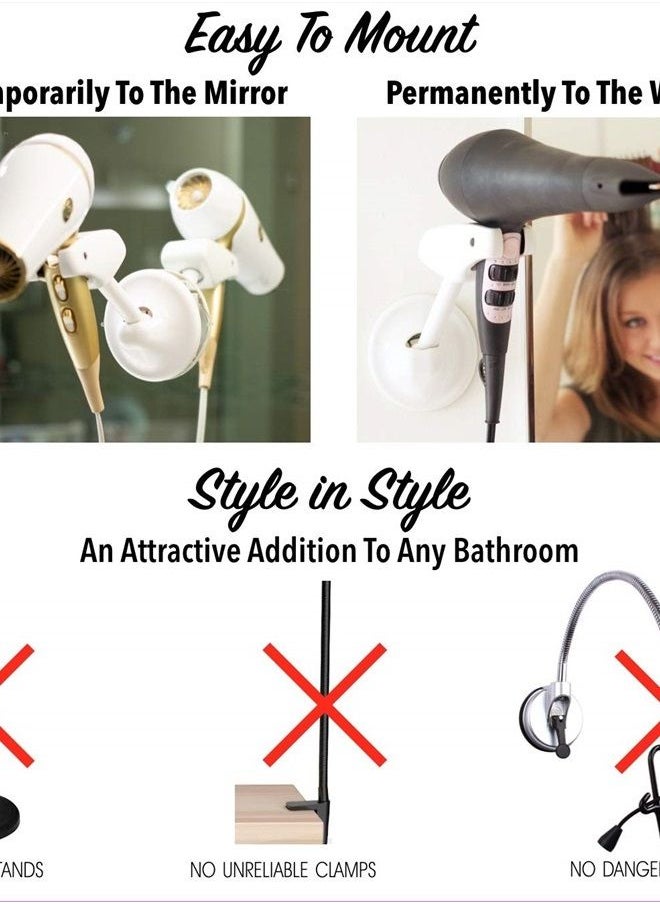 BESTIE BRANDS - Bestie Adjustable Hair Dryer Holder Stand - Hands Free Blow Drying with Fully Positionable Arm, Permanent Wall Mount or Temporary Suction Mount to Mirror - Image 1