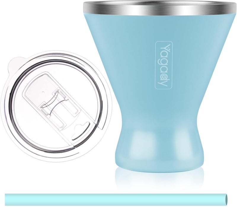 كوب مارتيني من الفولاذ المقاوم للصدأ مع غطاء وقشة سيليكونية قابلة للقطع - كوب عازل محكم الإغلاق بتقنية الفراغ، سعة 10 أونصات - تصميم أنيق للمشروبات المثلجة تمامًا (لون أزرق) - Image 1