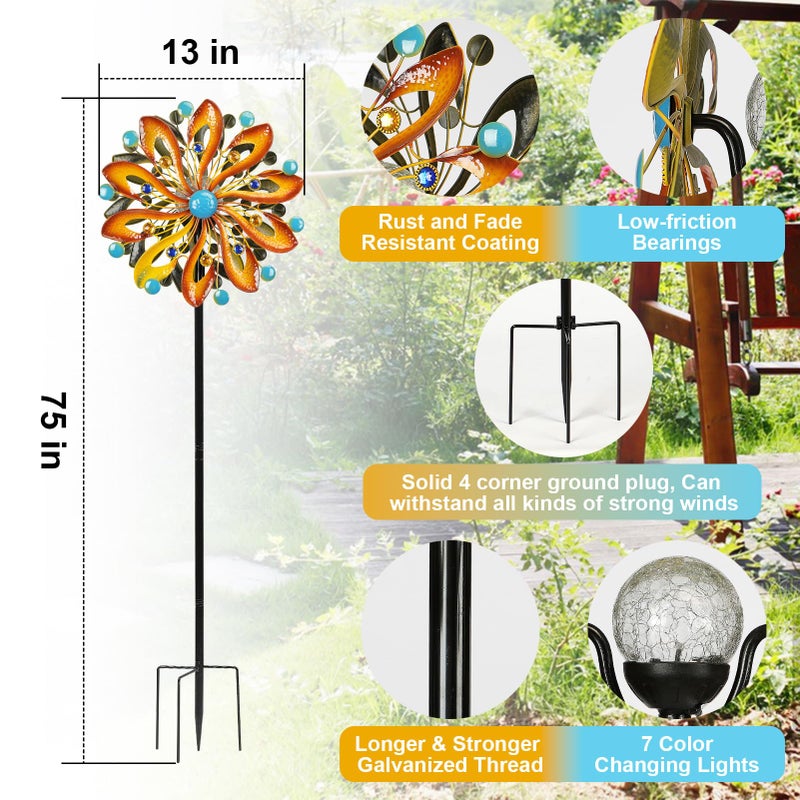 MLKNK Wind Spinners for Yard and Garden - Wind Sculptures & Spinners 75 in Garden Kinetic Art with Solar Powered Multi-Color Glass Ball Light - Gradient Brown - Image 3