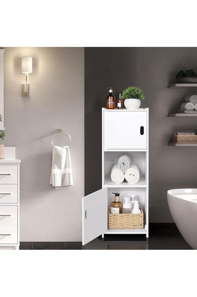 LINGWEI Bathroom Floor Cabinet Freestanding Double Door 3-Tier Side Storage Organizer Cabinet - Image 5