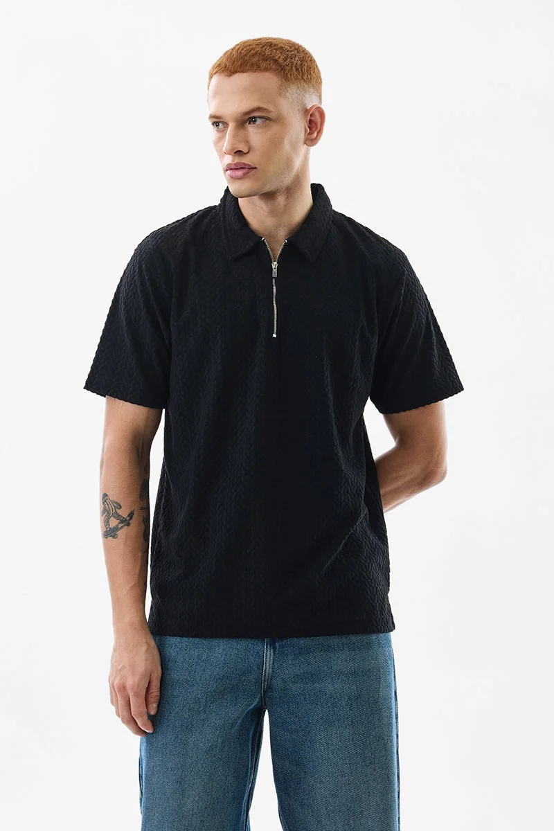 Snitch  Black Textured Half Sleeve Regular Fit Casual T-Shirt for Men | Best Price UAE