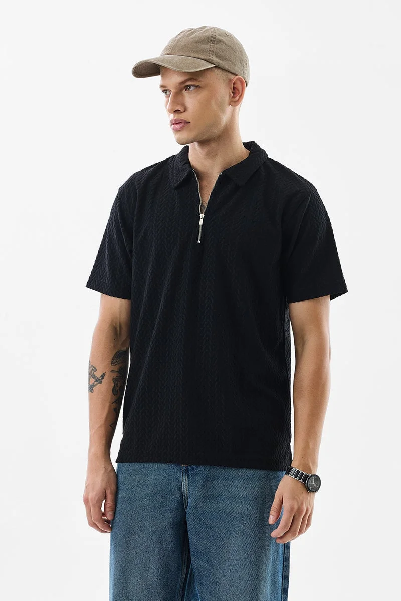 SNITCH Black Textured Half Sleeve Regular Fit Casual T-Shirt