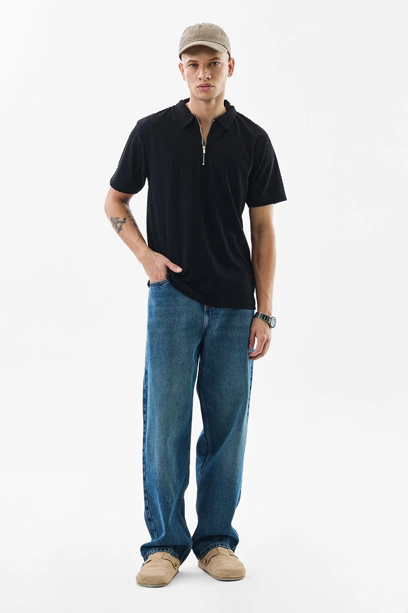SNITCH Black Textured Half Sleeve Regular Fit Casual T-Shirt
