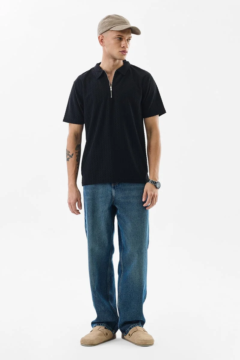 Snitch  Black Textured Half Sleeve Regular Fit Casual T-Shirt for Men | Best Price UAE