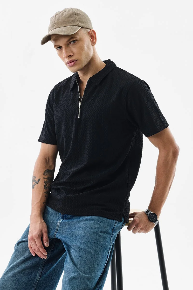 Snitch  Black Textured Half Sleeve Regular Fit Casual T-Shirt for Men | Best Price UAE