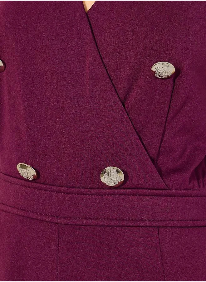Styli double breasted look tailored wide leg fit jumpsuit in stretchy knit fabric and gold coat buttons