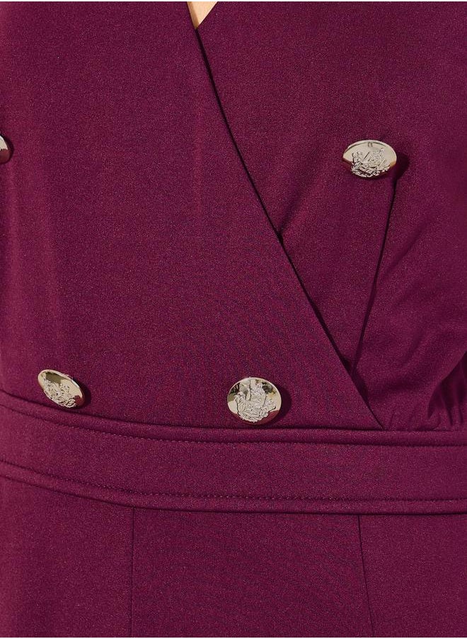 Styli double breasted look tailored wide leg fit jumpsuit in stretchy knit fabric and gold coat buttons  - Image 3