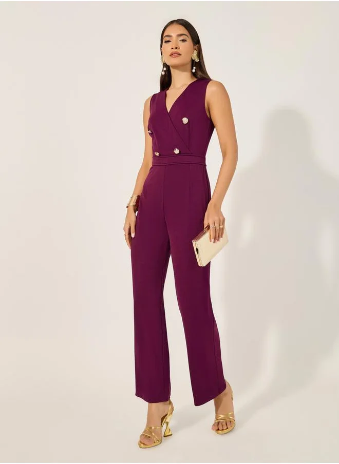 Styli double breasted look tailored wide leg fit jumpsuit in stretchy knit fabric and gold coat buttons