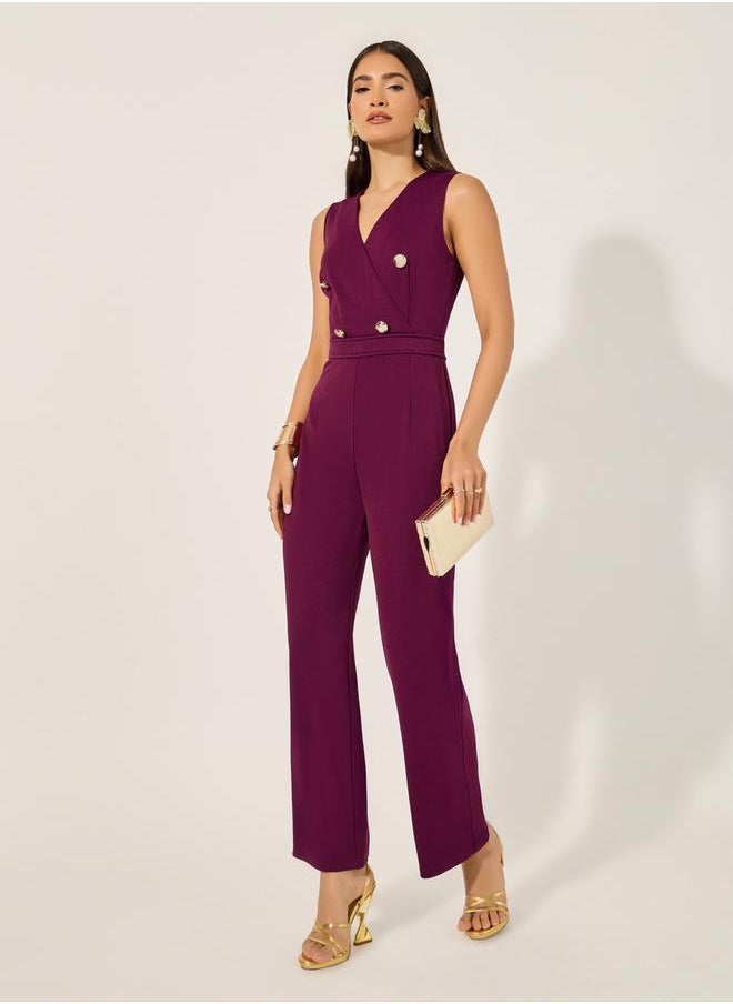 Styli double breasted look tailored wide leg fit jumpsuit in stretchy knit fabric and gold coat buttons  - Image 1
