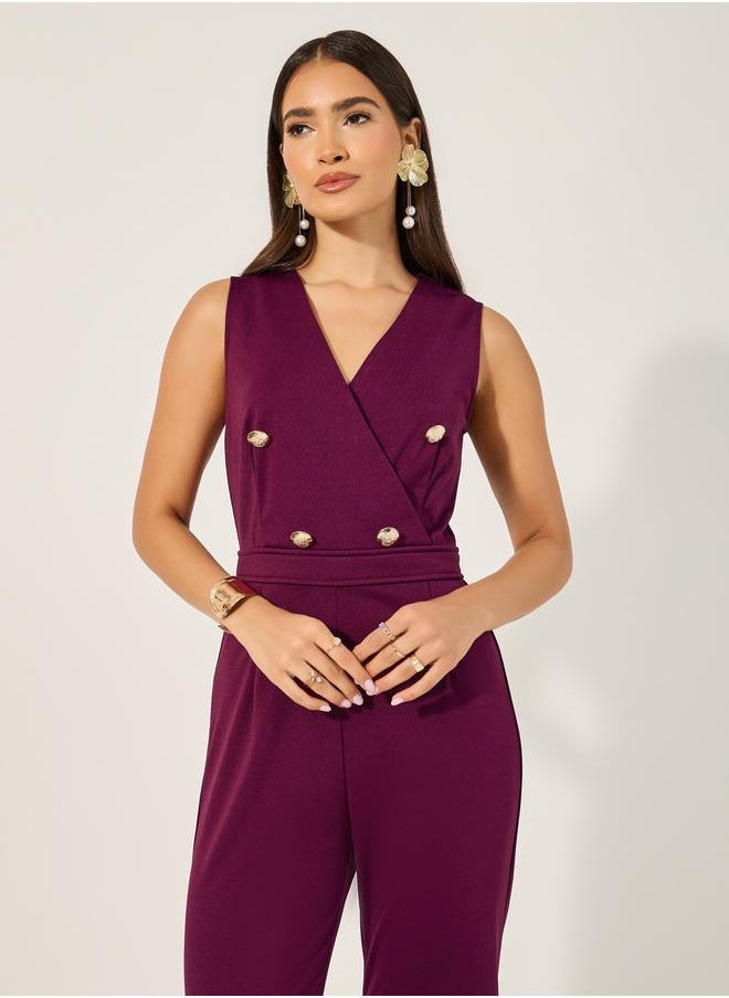Styli double breasted look tailored wide leg fit jumpsuit in stretchy knit fabric and gold coat buttons  - Image 2