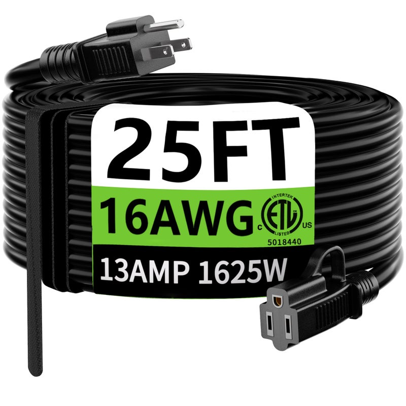 HUANCHAIN Indoor Outdoor Black Extension Cord 25 ft Waterproof 163 Gauge Flexible ColdResistant Appliance Cable Outside 13A 1625W 16AWG SJTW 3 Prong Electric Cord ETL