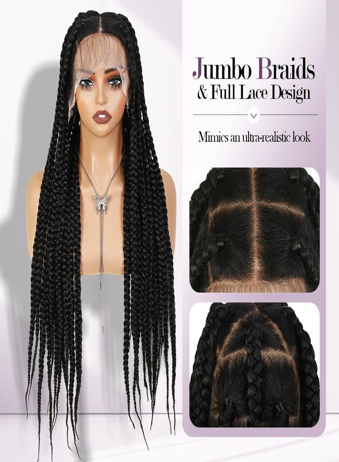 quickwig 36 Inch Jumbo Knotless Box Braids Wig 360 Full Lace Glueless Wig with Baby Hair Pre-Plucked Hairline Handmade Synthetic Braided Wigs for Women Lace Front Wigs for Women (1B) - Image 2