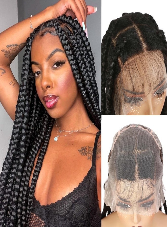 quickwig 36 Inch Jumbo Knotless Box Braids Wig 360 Full Lace Glueless Wig with Baby Hair Pre-Plucked Hairline Handmade Synthetic Braided Wigs for Women Lace Front Wigs for Women (1B) - Image 1