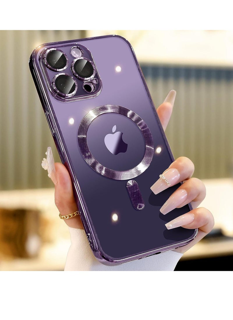 Raxoom Magnetic Clear Case for iPhone 15 Pro Max Case [Compatible with MagSafe] [with Camera Lens Protector] Luxury Plating Soft TPU Shockproof Anti-Scratch Phone Case for Women & Men (Purple) - Image 1