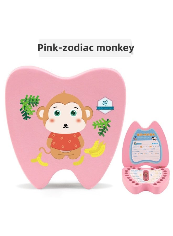 Wooden Children's Deciduous Teeth Storage Box Baby Teeth Changing Storage Box Teeth Dropping Commemorative Collection Creative Home Gifts-Color:Pink Monkey  - Image 1