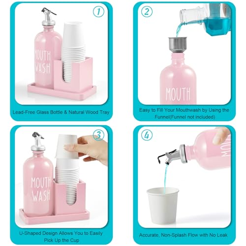 Bivvclaz Glass Mouthwash Dispenser for Bathroom, 16 OZ Mouthwash Dispenser with Pour Spout and Wood Cup Holder and Tray, Mouth Wash Bottle Container, Farmhouse Kitchen Bathroom Decor and Accessories, Pink - Image 5